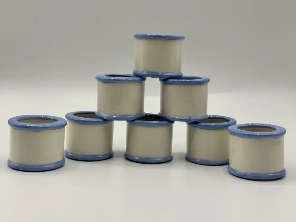 Set of 8 White Blue Stripe Bistro NAPKIN RINGS Ceramic Cottagecore